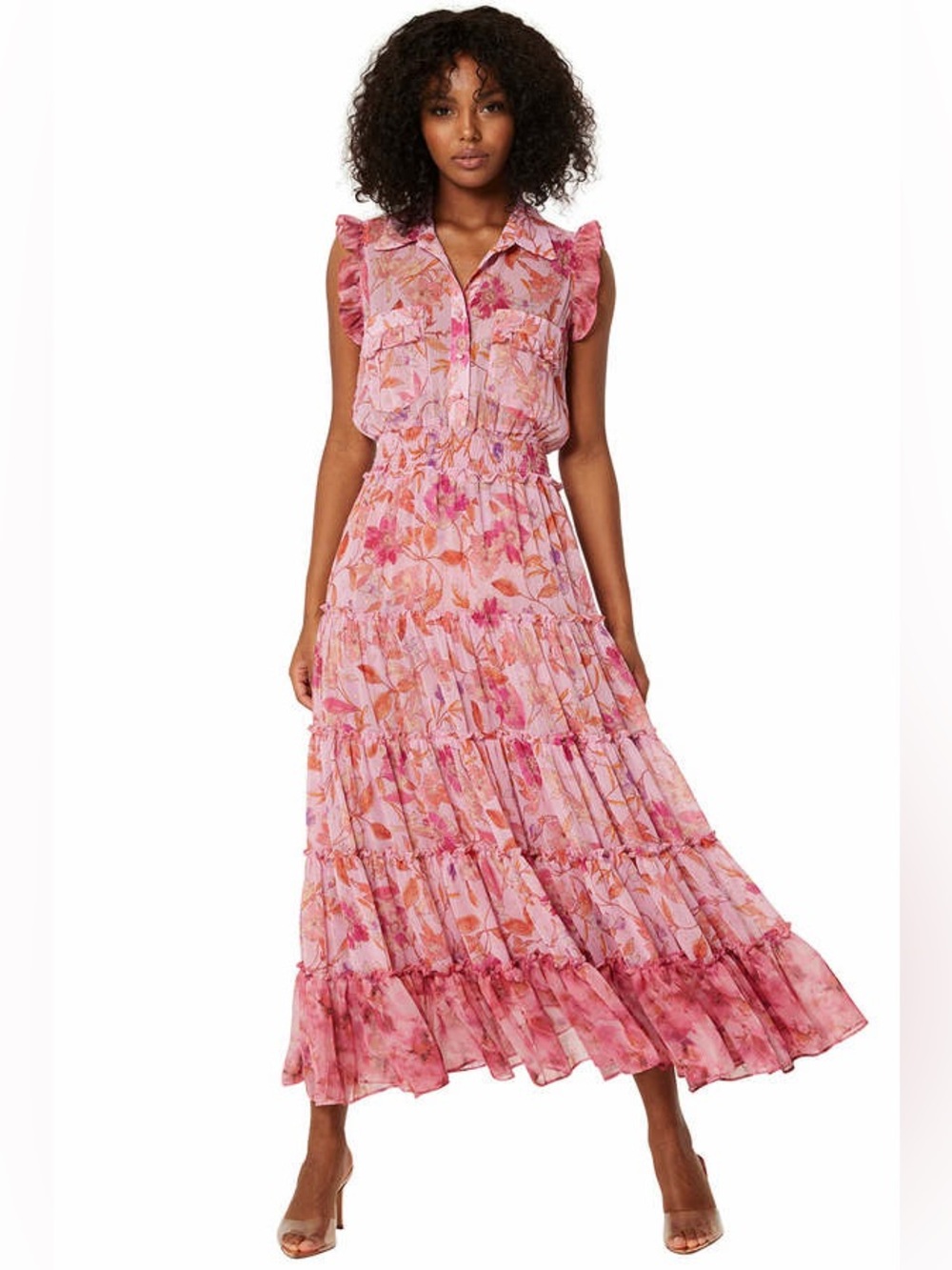 Misa Trina Floral Pink Ruffle Sleeve Maxi Dress • Medium